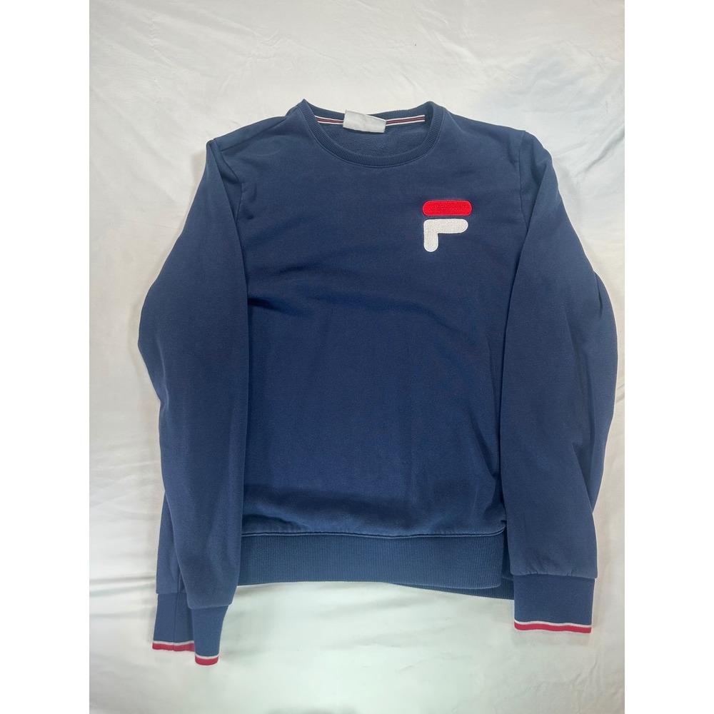 Fila Mens Crewneck Sweatshirt Navy Blue Embroidered Logo Striped Cuffs Size M